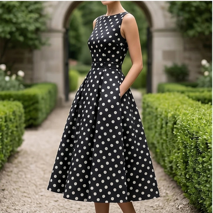 Model wearing Black Elegant Black A-Line Dress with Classic White Polka Dot Print Vintage Sleeveless Midi Dress for Formal Casual Occasions Dresses outdoors - 3
