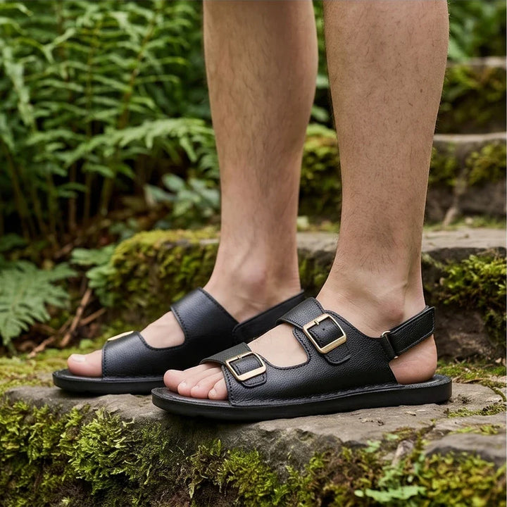 Model wearing Black Kensington Genuine Leather Double-Strap Sandals outdoors - 3