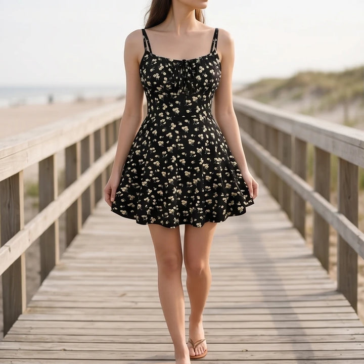 Model wearing Black Wren Floral Cami Mini Sundress outdoors