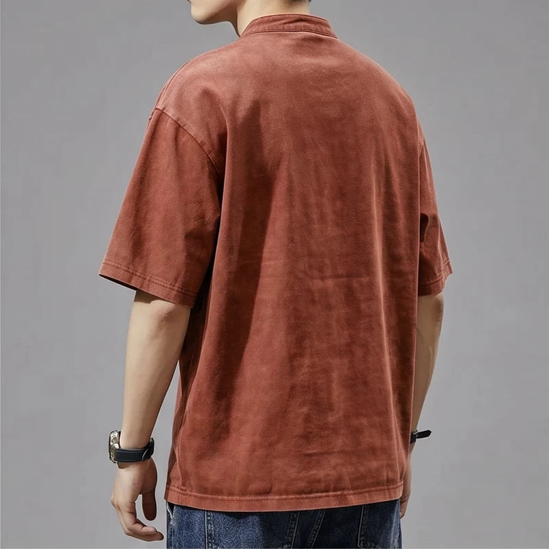 Model wearing Rust Renn Faded Mandarin Collar Shirt in studio - 2