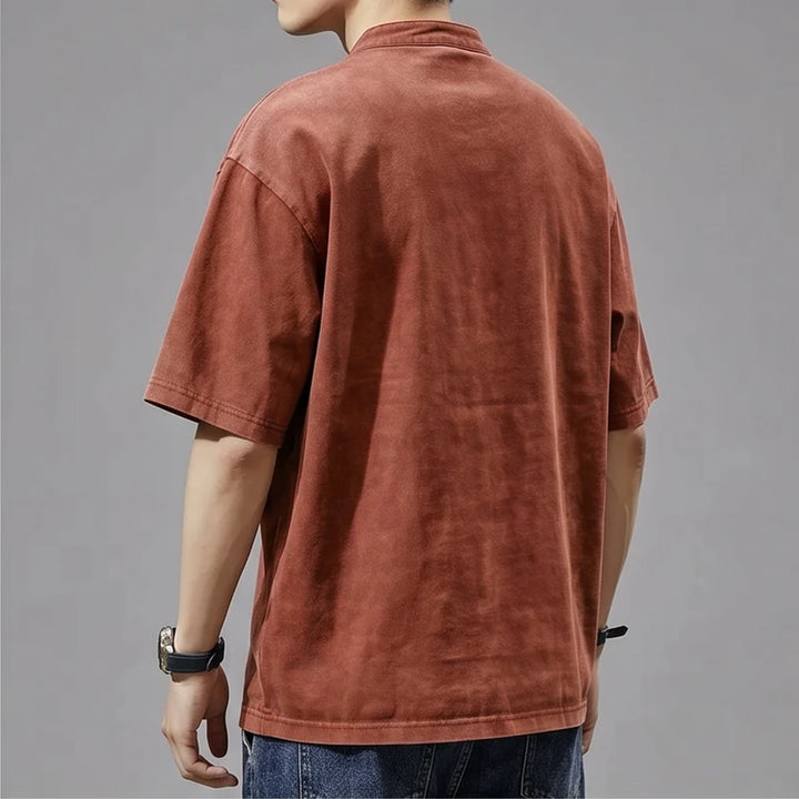 Model wearing Rust Renn Faded Mandarin Collar Shirt in studio - 2