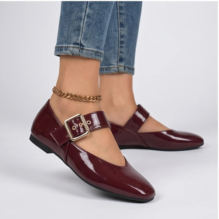 Model wearing Red Larkin Buckle Mary Jane Flats in studio - 2