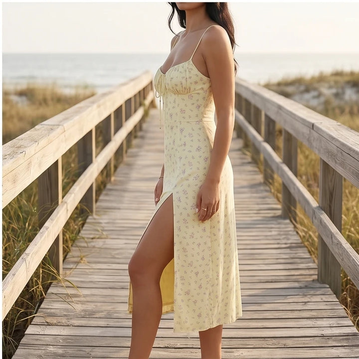 Model wearing Light Yellow Seraphine Floral Midi Slip Dress outdoors - 3