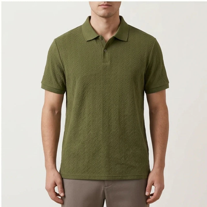 Model wearing Green Ashby Textured Knit Polo Shirt in studio - 2