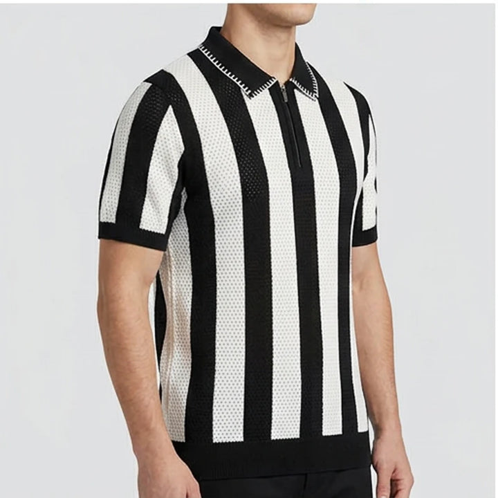 Model wearing Black Corbin Cotton Knit Polo Shirt in studio - 2