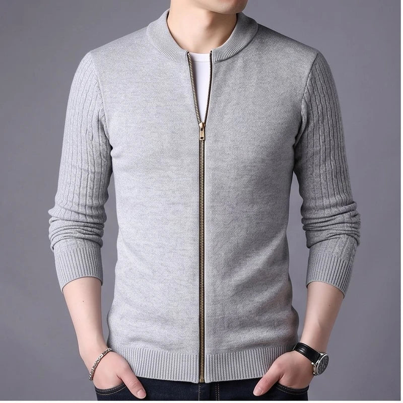 Model wearing Gray knit cardigan in a studio