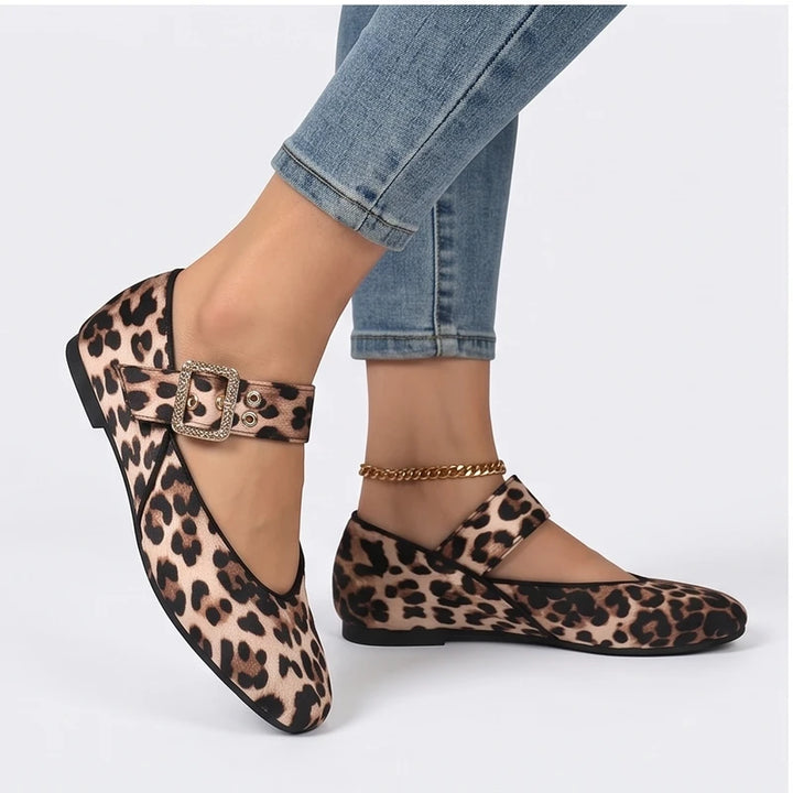 Model wearing Leopard Larkin Buckle Mary Jane Flats in studio - 3