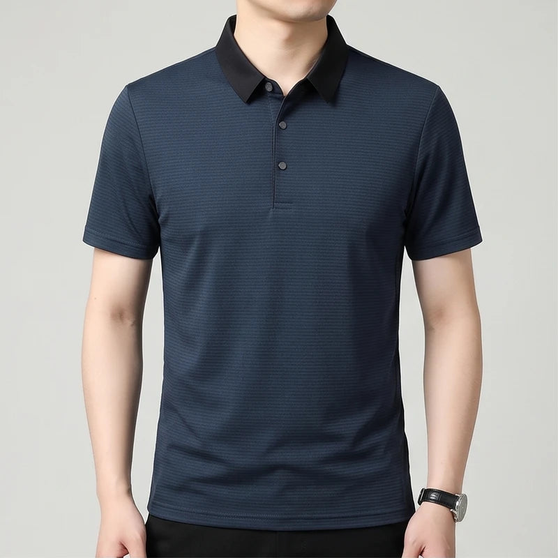 Model wearing Navy Hollis Striped Polo in studio