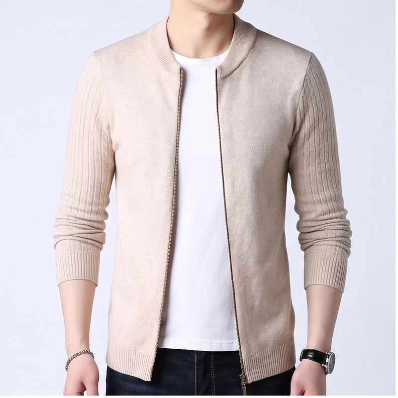 Model wearing Beige knit cardigan in a studio