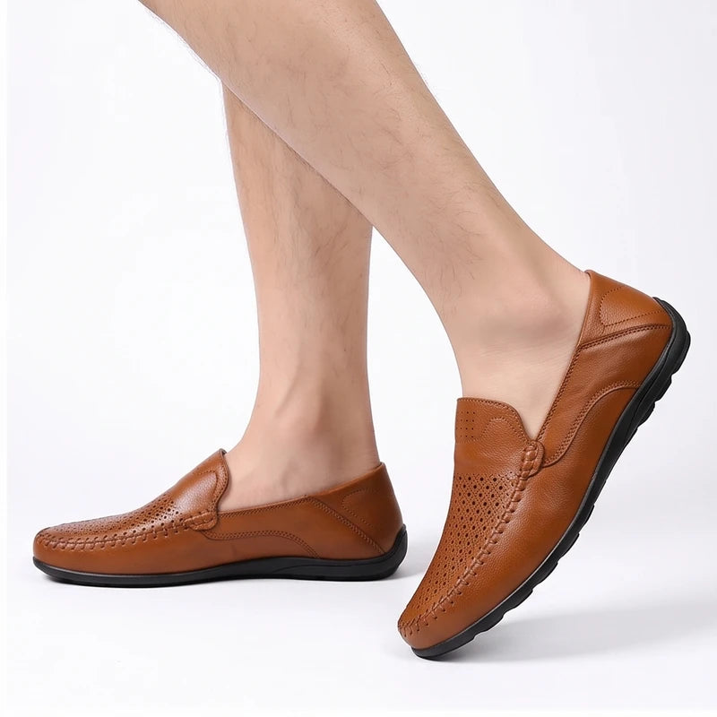 Model wearing Brown leather loafers in a studio - 2