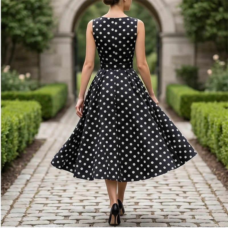 Model wearing Black Elegant Black A-Line Dress with Classic White Polka Dot Print Vintage Sleeveless Midi Dress for Formal Casual Occasions Dresses outdoors - 2