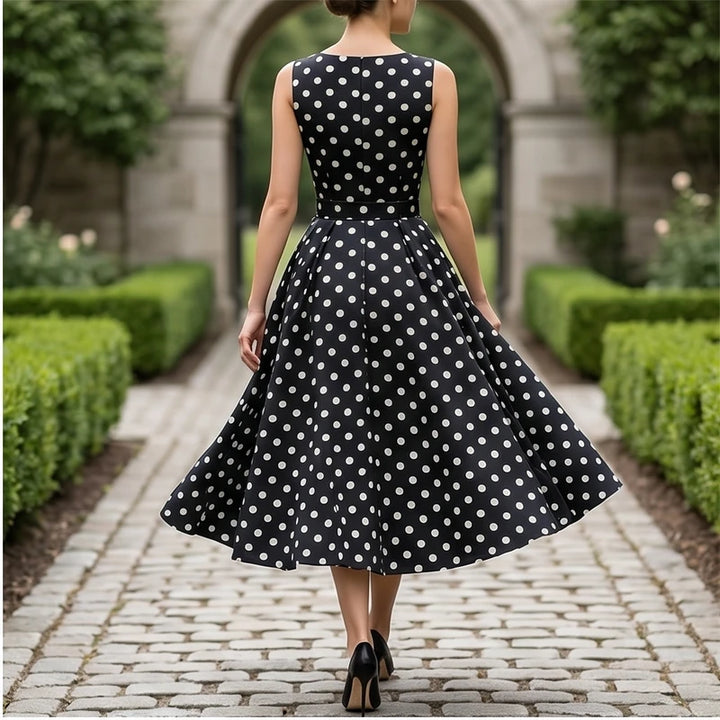 Model wearing Black Elegant Black A-Line Dress with Classic White Polka Dot Print Vintage Sleeveless Midi Dress for Formal Casual Occasions Dresses outdoors - 2