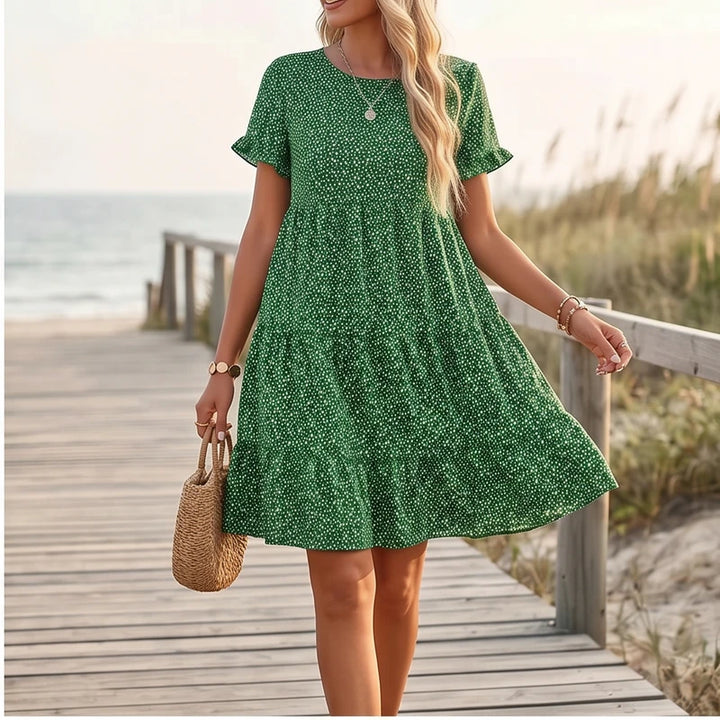 Model wearing Green Dotted Mini A-Line Sundress with Short Sleeves outdoors - 2