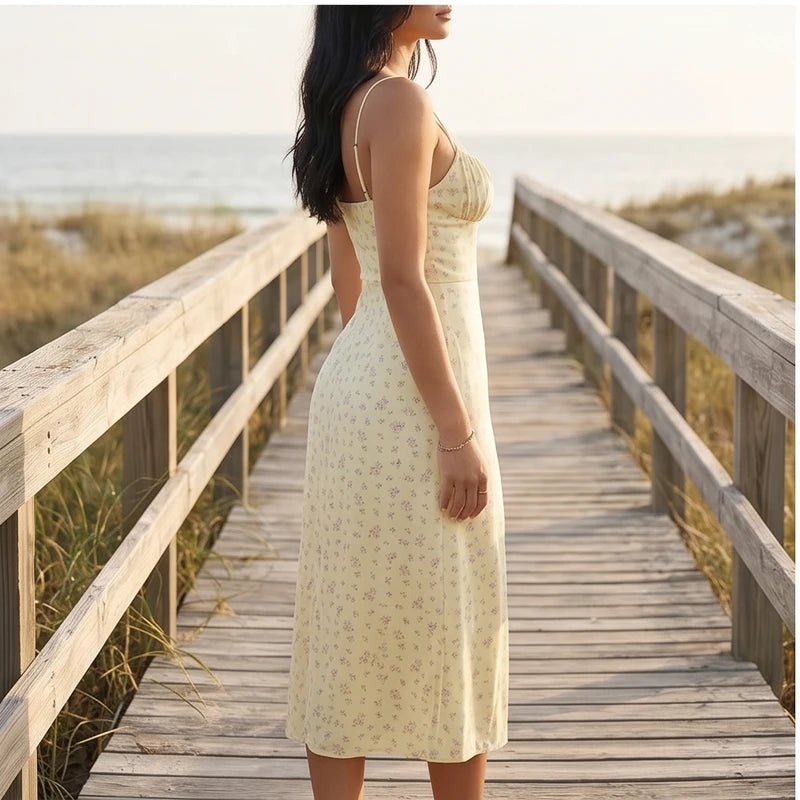 Model wearing Light Yellow Seraphine Floral Midi Slip Dress outdoors - 2