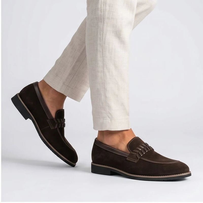 Model wearing Brown Driscoll Suede Penny Loafers [needs new images[ in studio - 2