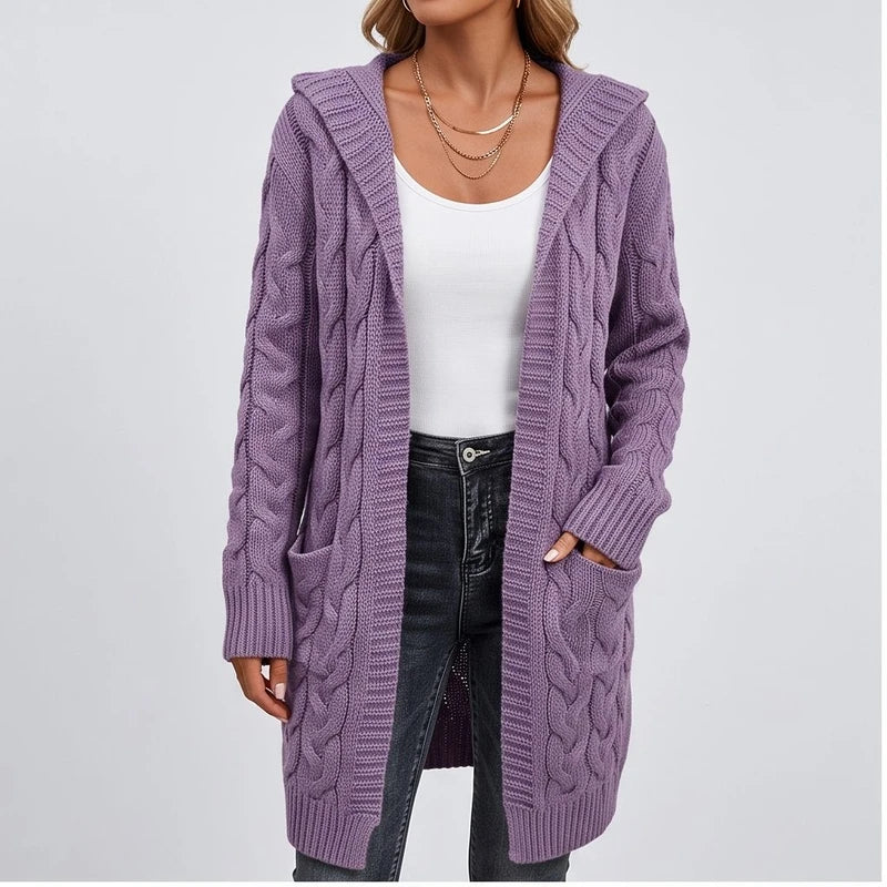 Model wearing J cardigan in a studio