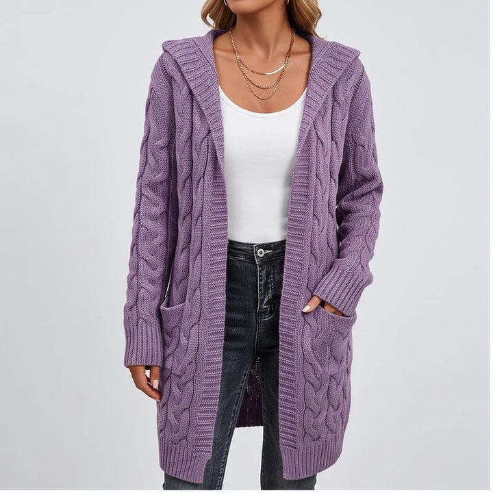 Model wearing J cardigan in a studio