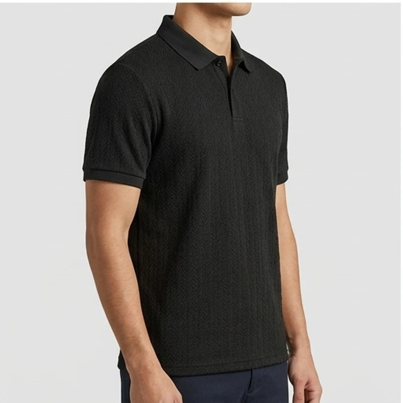 Model wearing Black Ashby Textured Knit Polo Shirt in studio - 2