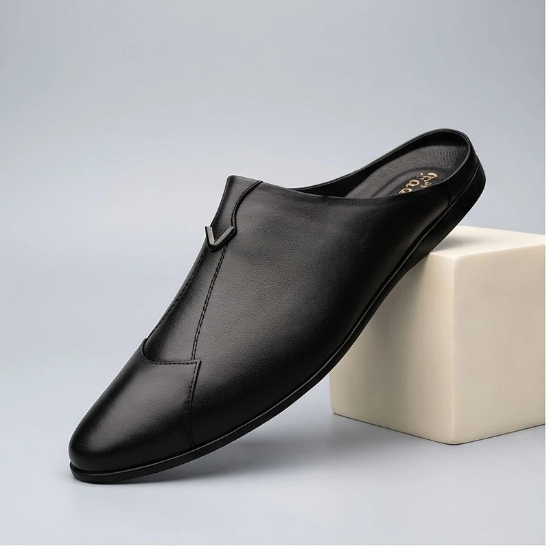 Black 1 Italian Mens Slippers Genuine Leather Muller Shoes Men Loafers Outdoor Non-slip Black Casual Half Slipper Men Fashion Shoes Man product photo