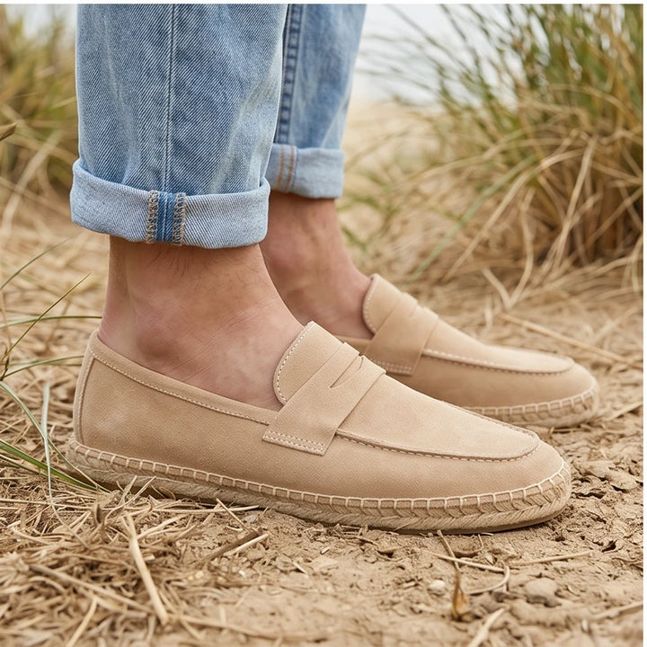 Model wearing Sand Men's Jute Espadrilles Slip on Loafers Cow Suede Leather Casual Shoes outdoors - 3