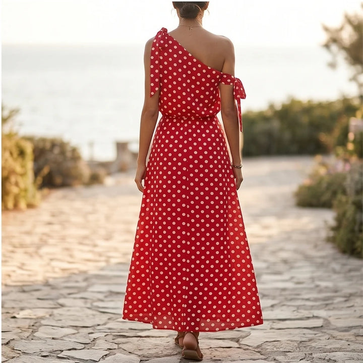 Model wearing Red Sexy Off Shulder Hight Waist Maxi Dress 2026 Fashion Bow Lace-Up Party Dress Elegant Polka Dot Print Sleeveless Long Dress outdoors - 3
