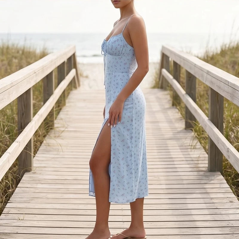Model wearing Blue Seraphine Floral Midi Slip Dress outdoors - 2