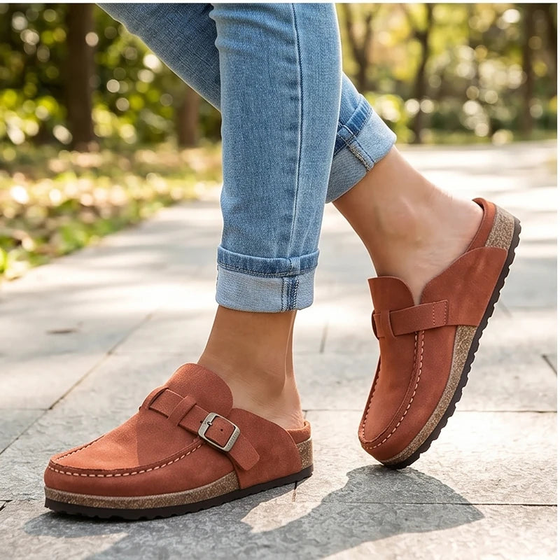 Model wearing Orange 2026 New Women's Shoes Slip on Female Flats Durable Belt Buckles Mules Fashion Wear Resistant Women Half Slippers Retro Zapatos outdoors - 3