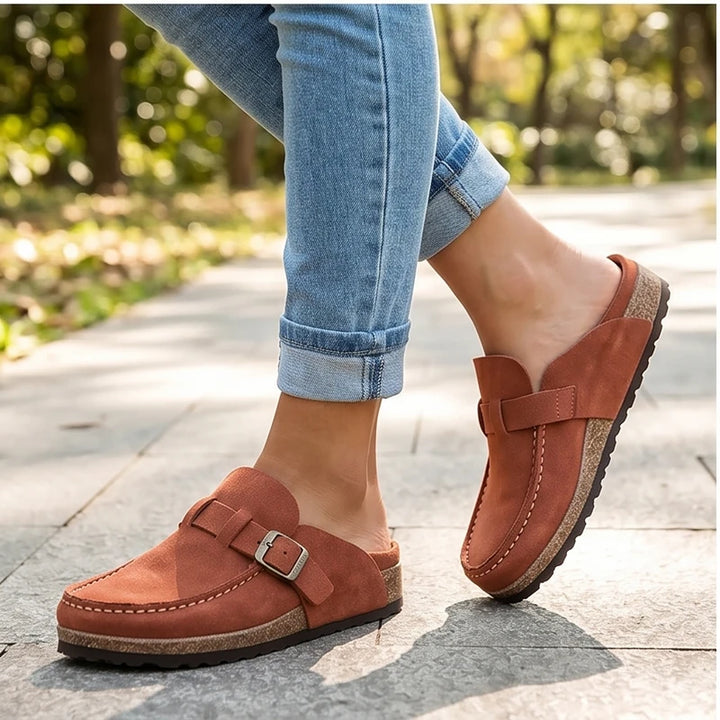 Model wearing Orange 2026 New Women's Shoes Slip on Female Flats Durable Belt Buckles Mules Fashion Wear Resistant Women Half Slippers Retro Zapatos outdoors - 3