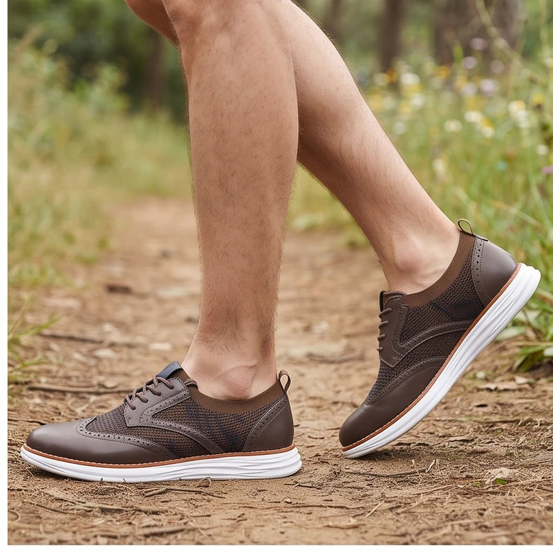 Model wearing Brown mesh shoes outdoors