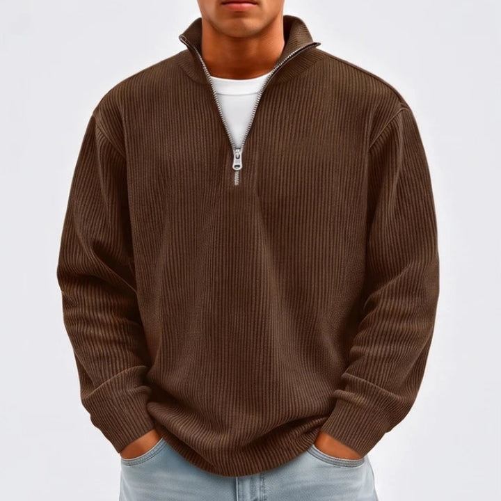 Model wearing Brown corduroy pullover in a studio
