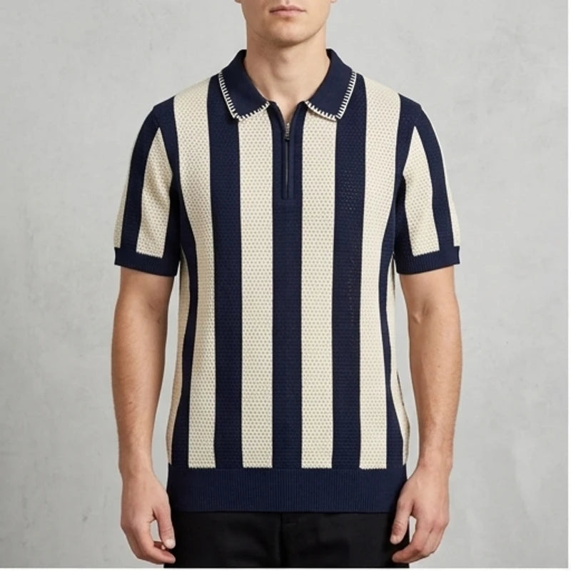 Model wearing Blue Corbin Cotton Knit Polo Shirt in studio