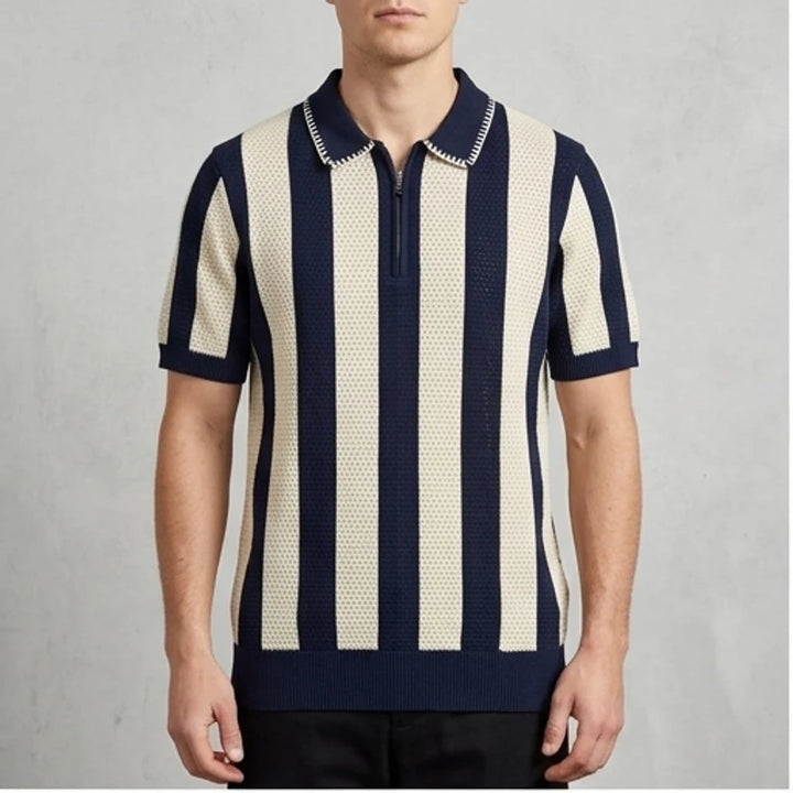 Model wearing Blue Corbin Cotton Knit Polo Shirt in studio