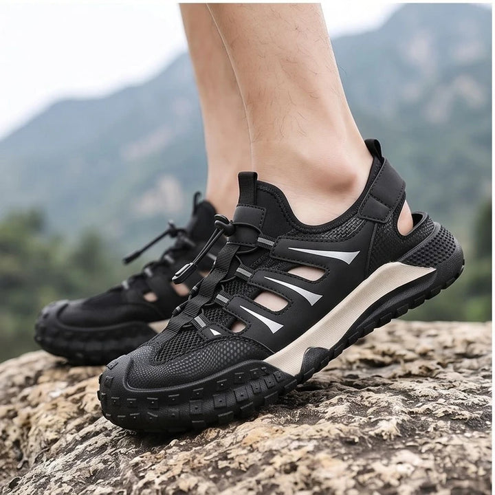 Model wearing Black Colby Mesh Amphibious Sandals outdoors - 3