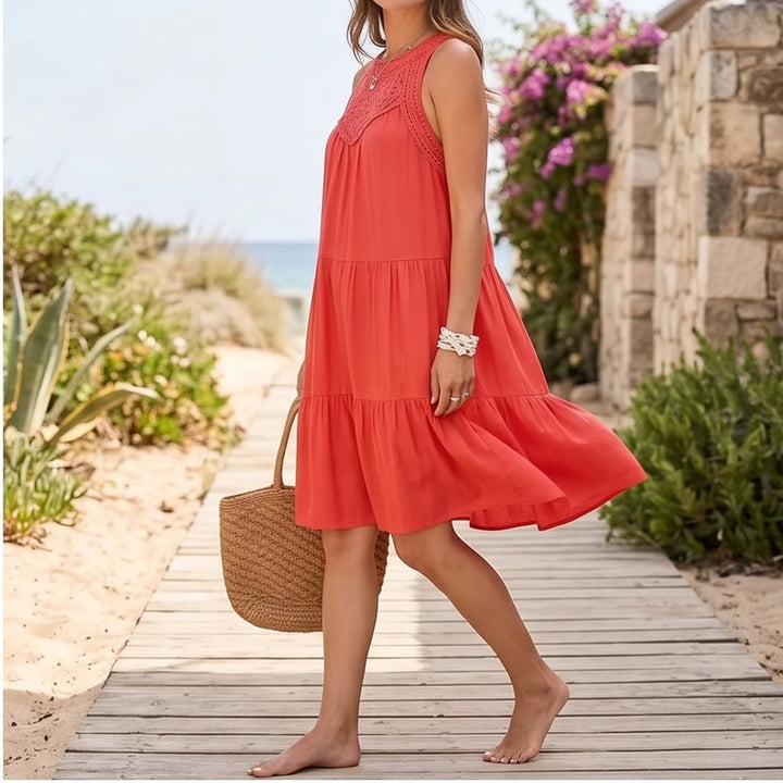 Model wearing Red Azura Cotton Crochet Tiered Dress outdoors - 2