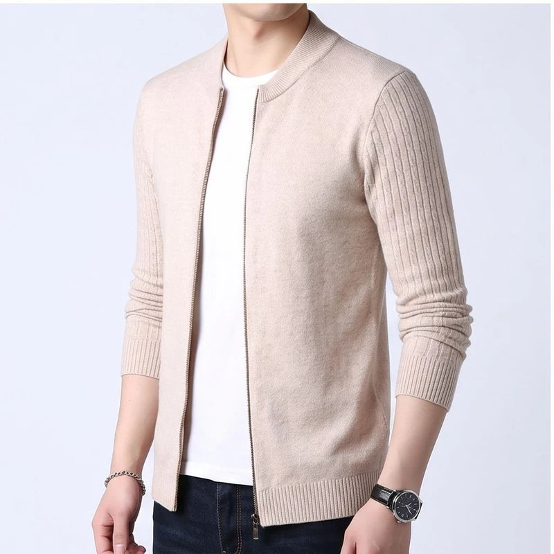 Model wearing Beige knit cardigan in a studio - 2