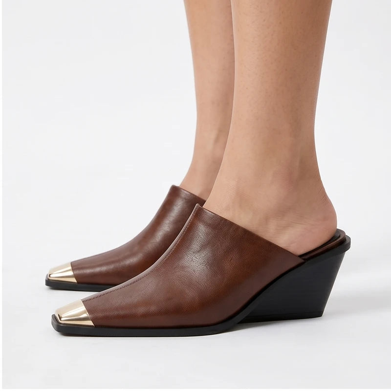 Model wearing Brown Bardot Genuine Leather Square Toe Mules in studio - 2