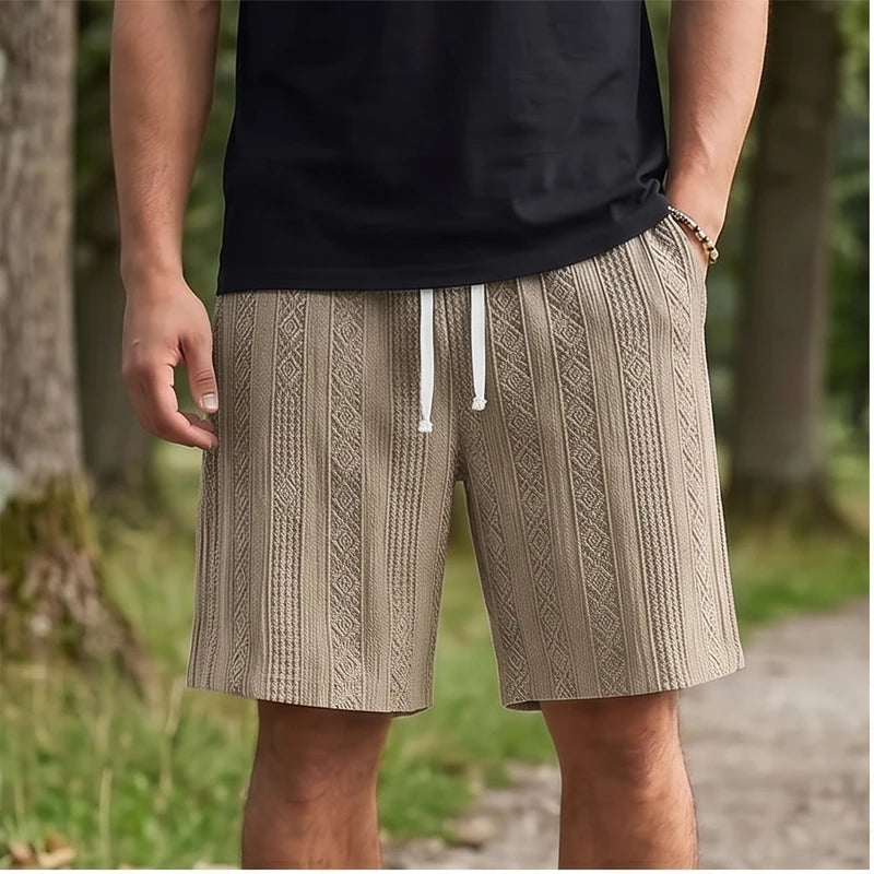 Model wearing Khaki 2026 New Men's Daily Jacquard Textured Fashion Casual Shorts outdoors