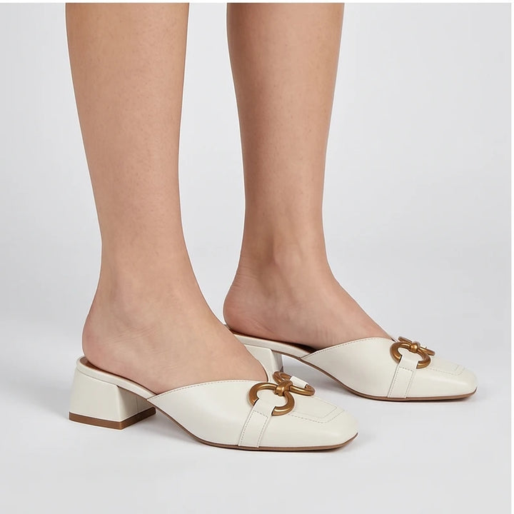 Model wearing White Quincy Genuine Leather Square Toe Mules in studio - 3