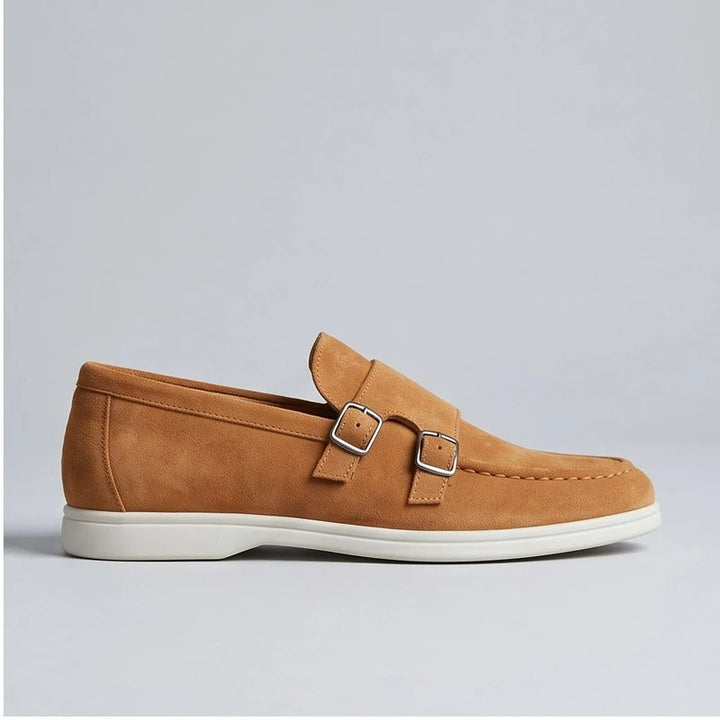 Brown suede double monk strap loafers with a white sole.