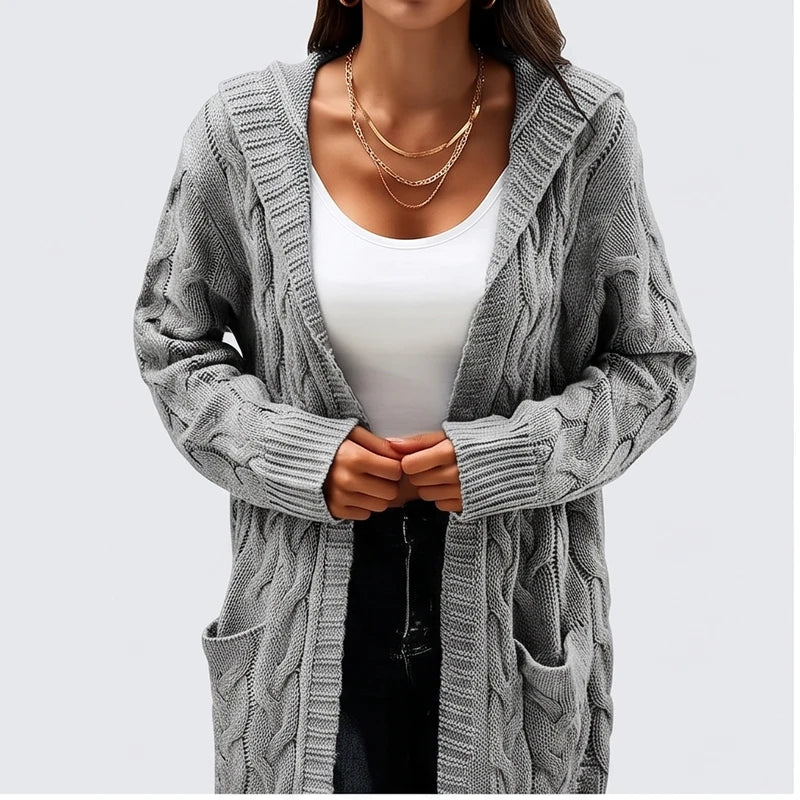 Model wearing K cardigan in a studio