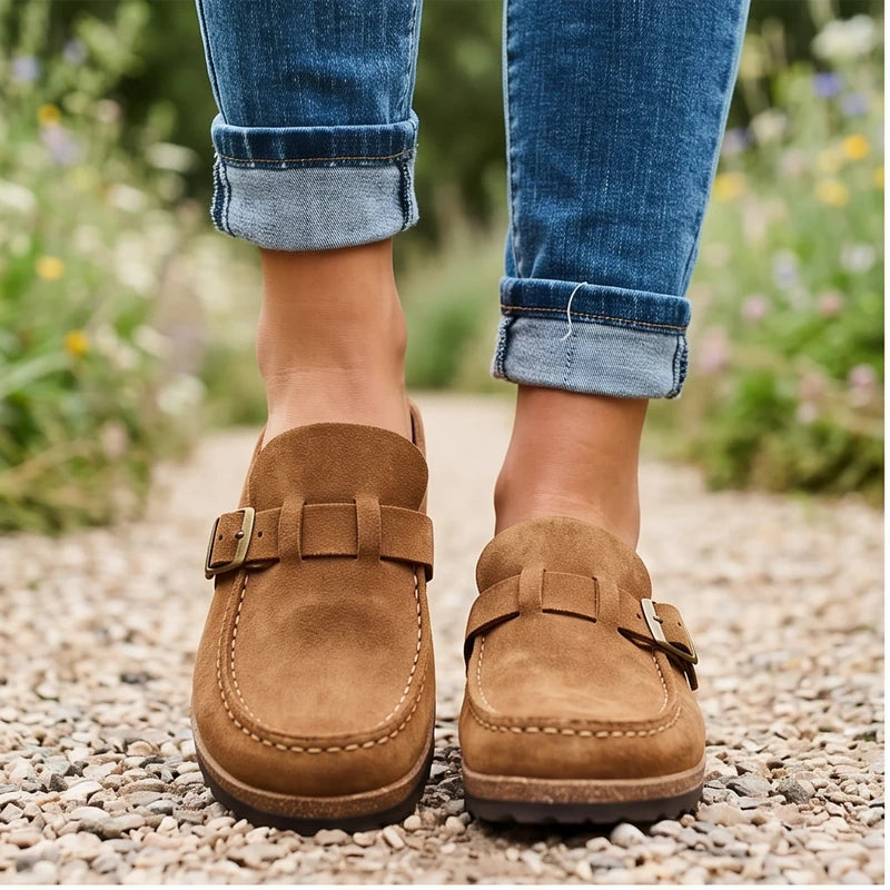 Model wearing Khaki 2026 New Women's Shoes Slip on Female Flats Durable Belt Buckles Mules Fashion Wear Resistant Women Half Slippers Retro Zapatos outdoors