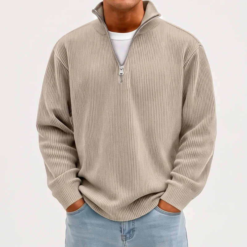 Model wearing Khaki corduroy pullover in a studio