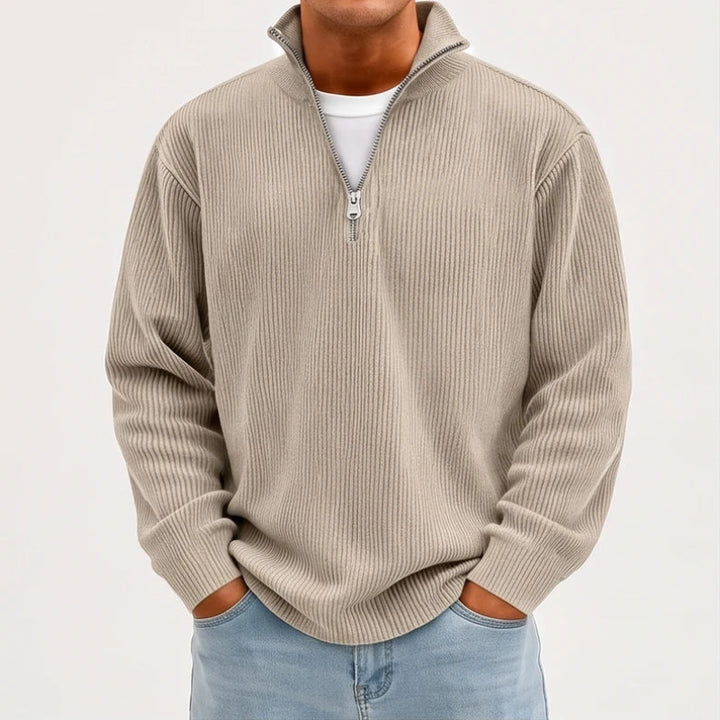 Model wearing Khaki corduroy pullover in a studio