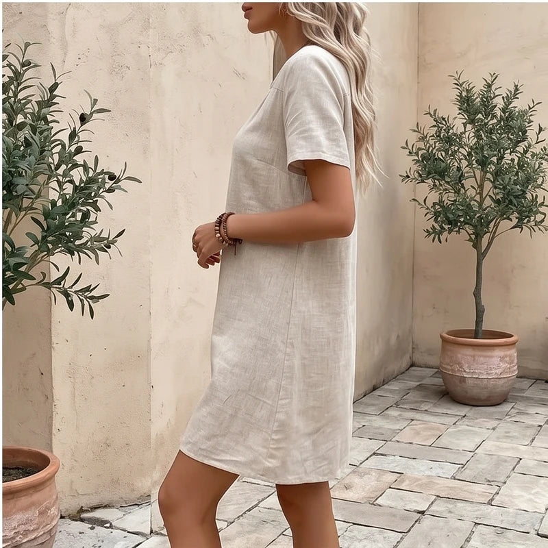 Model wearing Women's Casual Linen V-neck Dress Cotton Clothes Summer Basic Style Mid-waist Knitted Polyester Fabric 2025 Summer Collection Women's Casual Linen V-neck Dress Cotton Clothes Summer Basic Style Mid-waist Knitted Polyester Fabric 2025 Summer Collection outdoors - 4