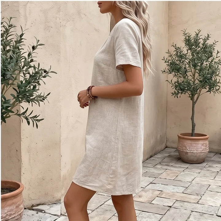 Model wearing Women's Casual Linen V-neck Dress Cotton Clothes Summer Basic Style Mid-waist Knitted Polyester Fabric 2025 Summer Collection Women's Casual Linen V-neck Dress Cotton Clothes Summer Basic Style Mid-waist Knitted Polyester Fabric 2025 Summer Collection outdoors - 4