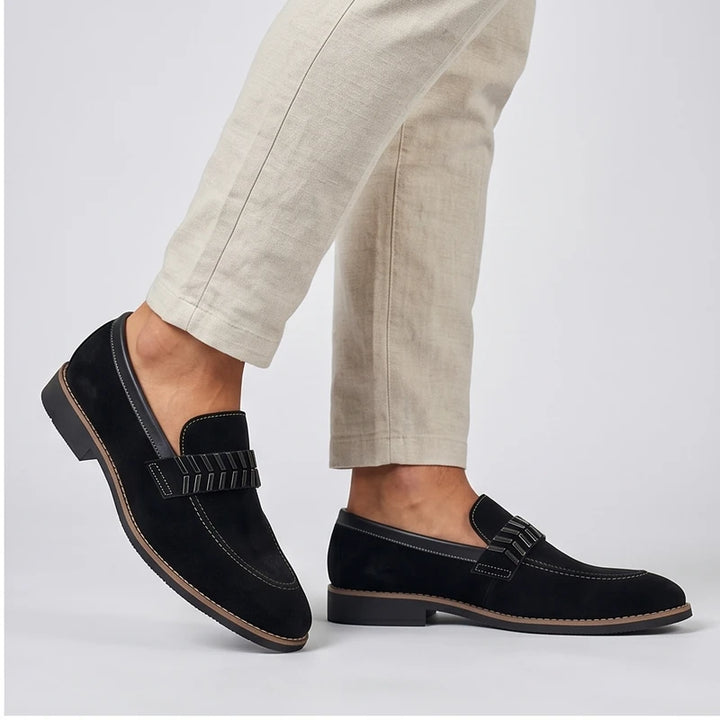 Model wearing Black Driscoll Suede Penny Loafers [needs new images[ in studio - 2