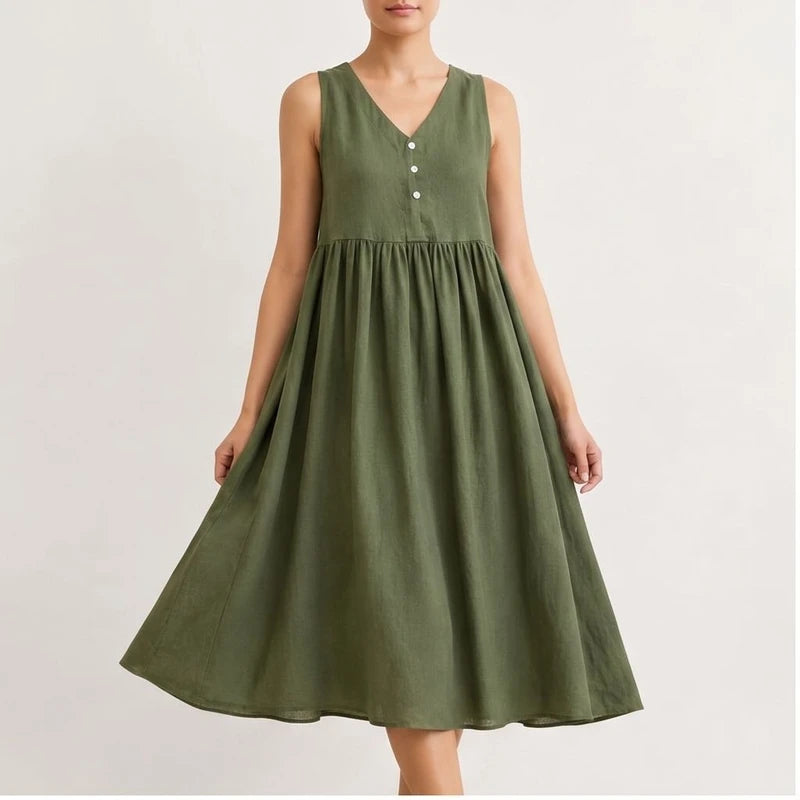 Model wearing Green Mira Sleeveless Linen Dress in studio