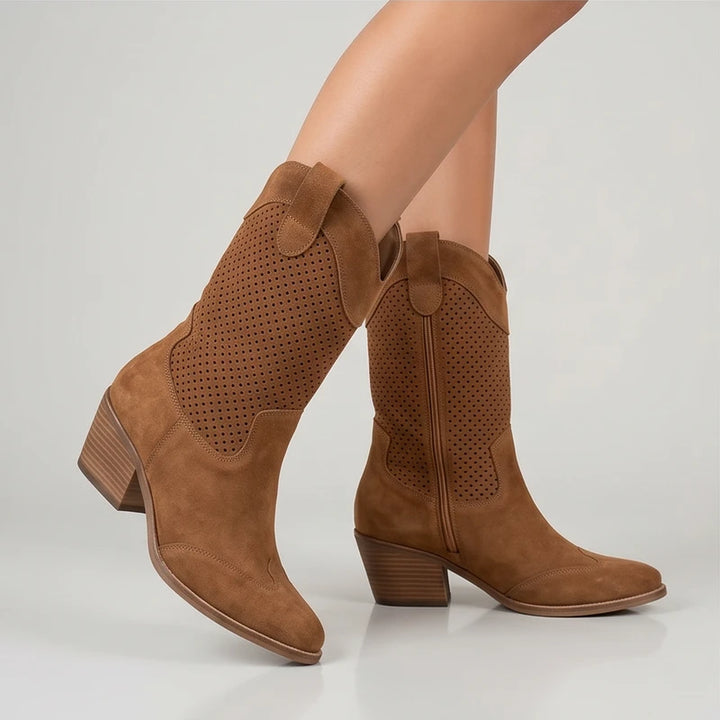 Model wearing Brown Gideon Suede Western Ankle Boots in studio - 3