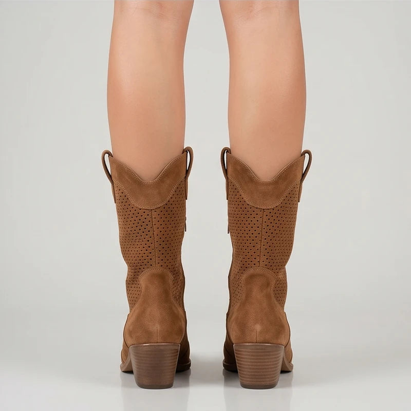 Model wearing Brown Gideon Suede Western Ankle Boots in studio - 4