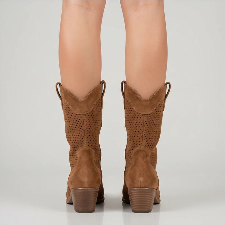 Model wearing Brown Gideon Suede Western Ankle Boots in studio - 4